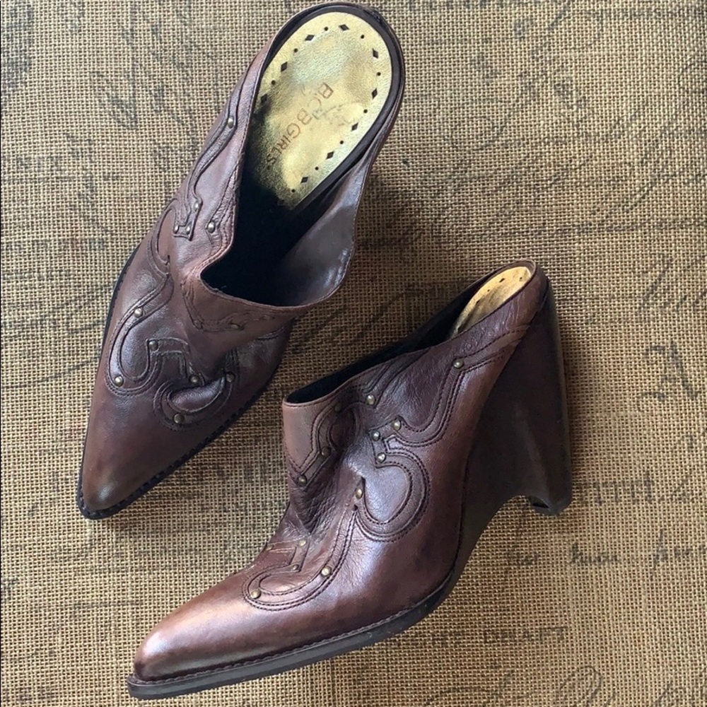 BCBG Cowboy Studded Mule Wedge Heels